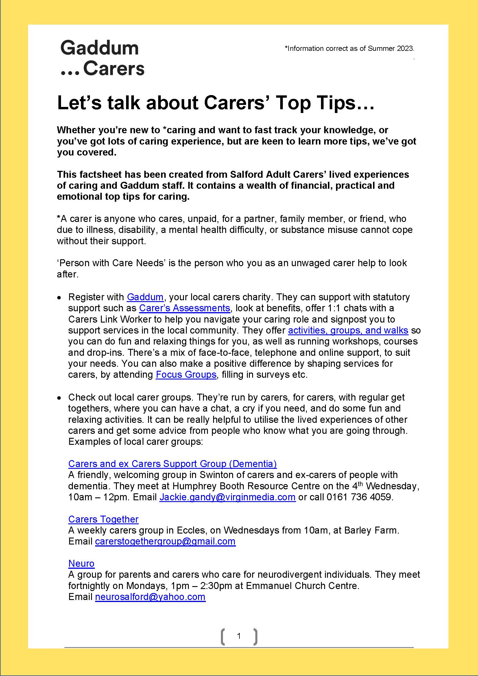 Carers Top Tips Factsheet